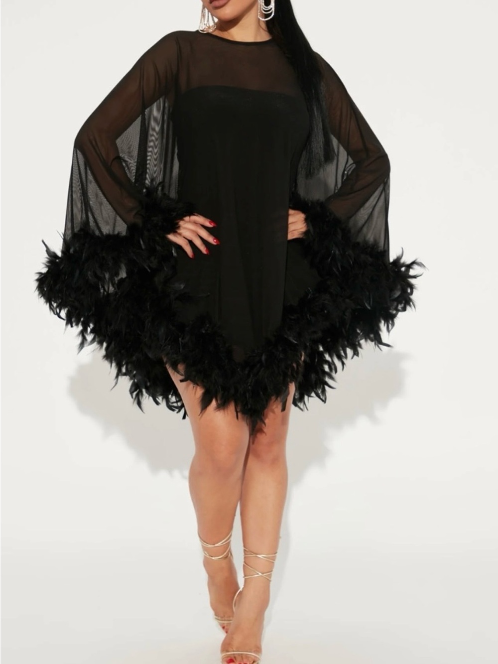 Fashion Nova Black Sheer Feather Trim Robe Tunic